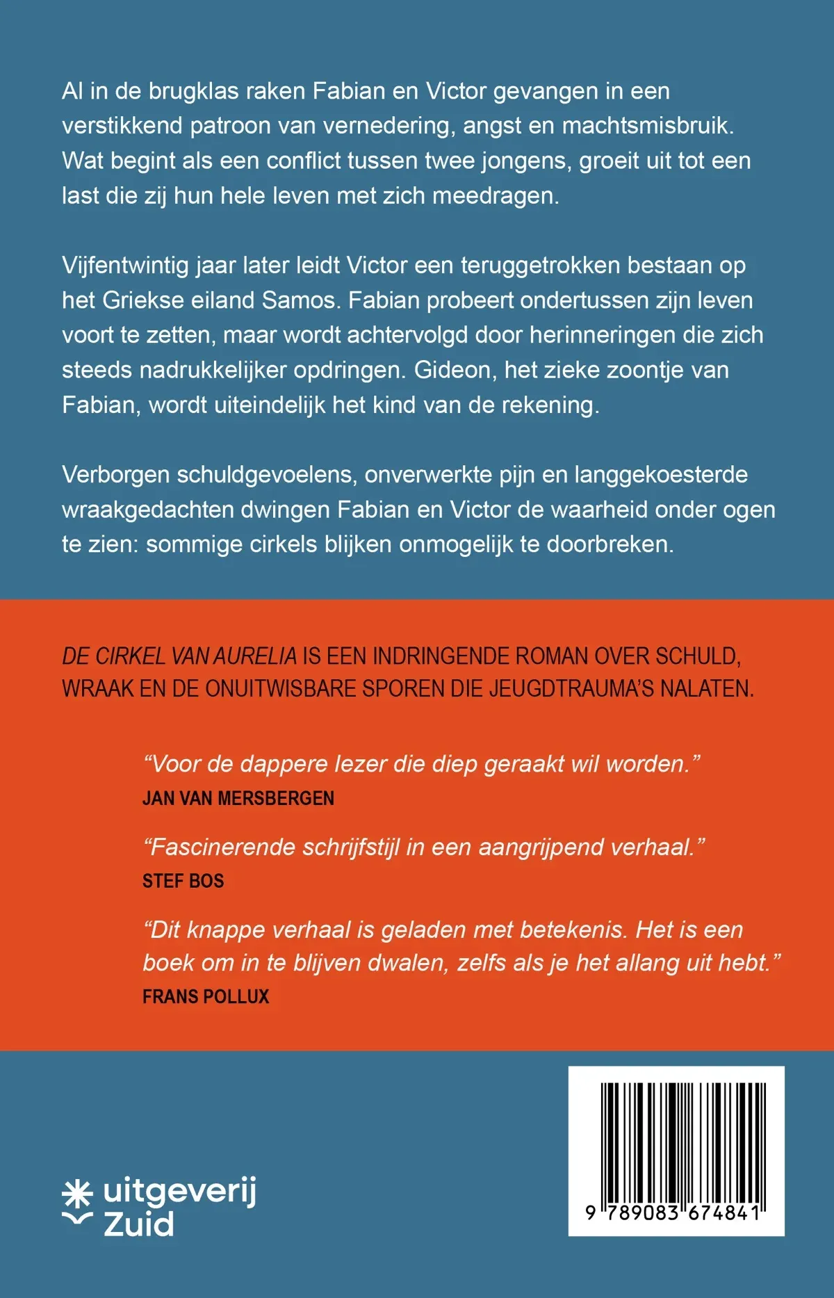 Achterkant van De cirkel van Aurelia met flaptekst en quotes van Jan van Mersbergen, Stef Bos en Frans Pollux